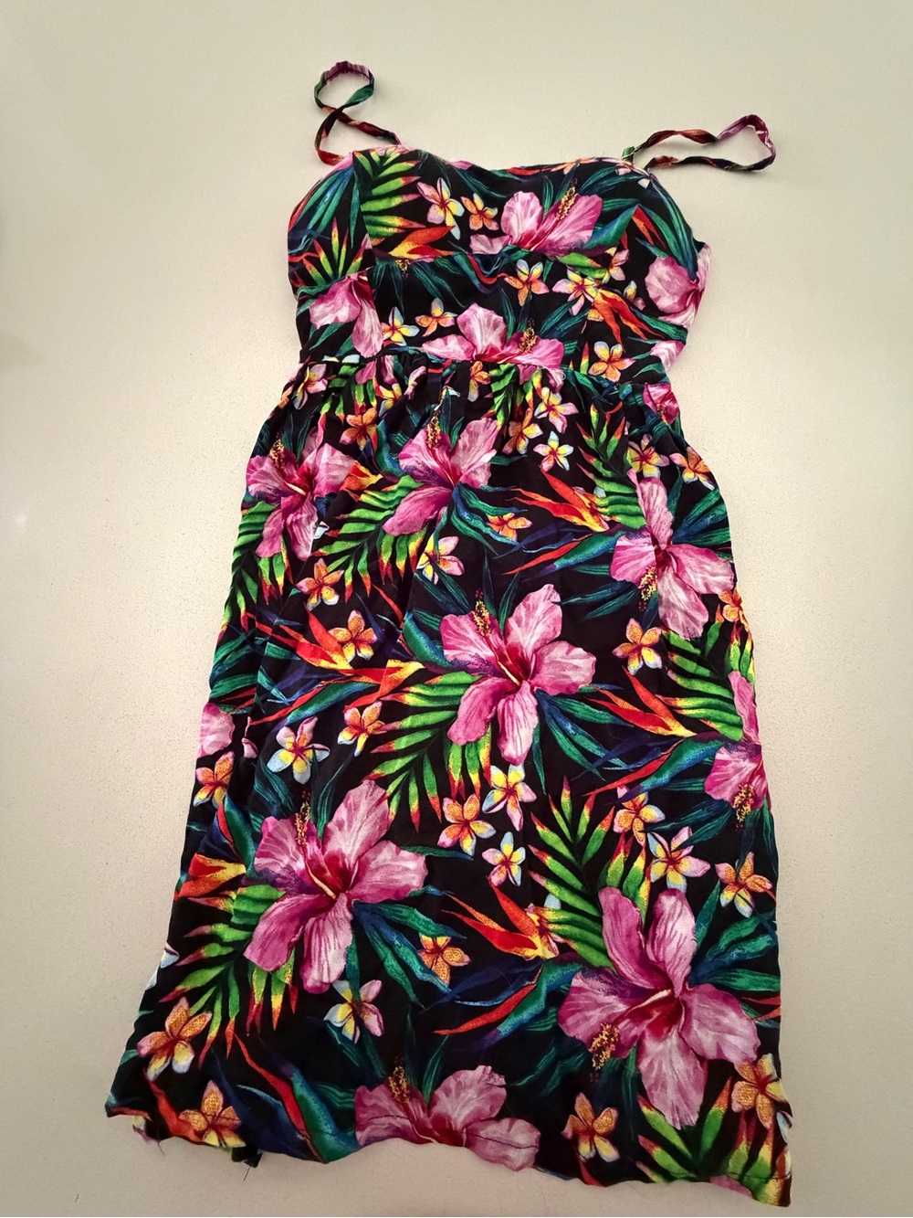 Tropical Floral Midi Dress — Pink & Green Hibiscus Print